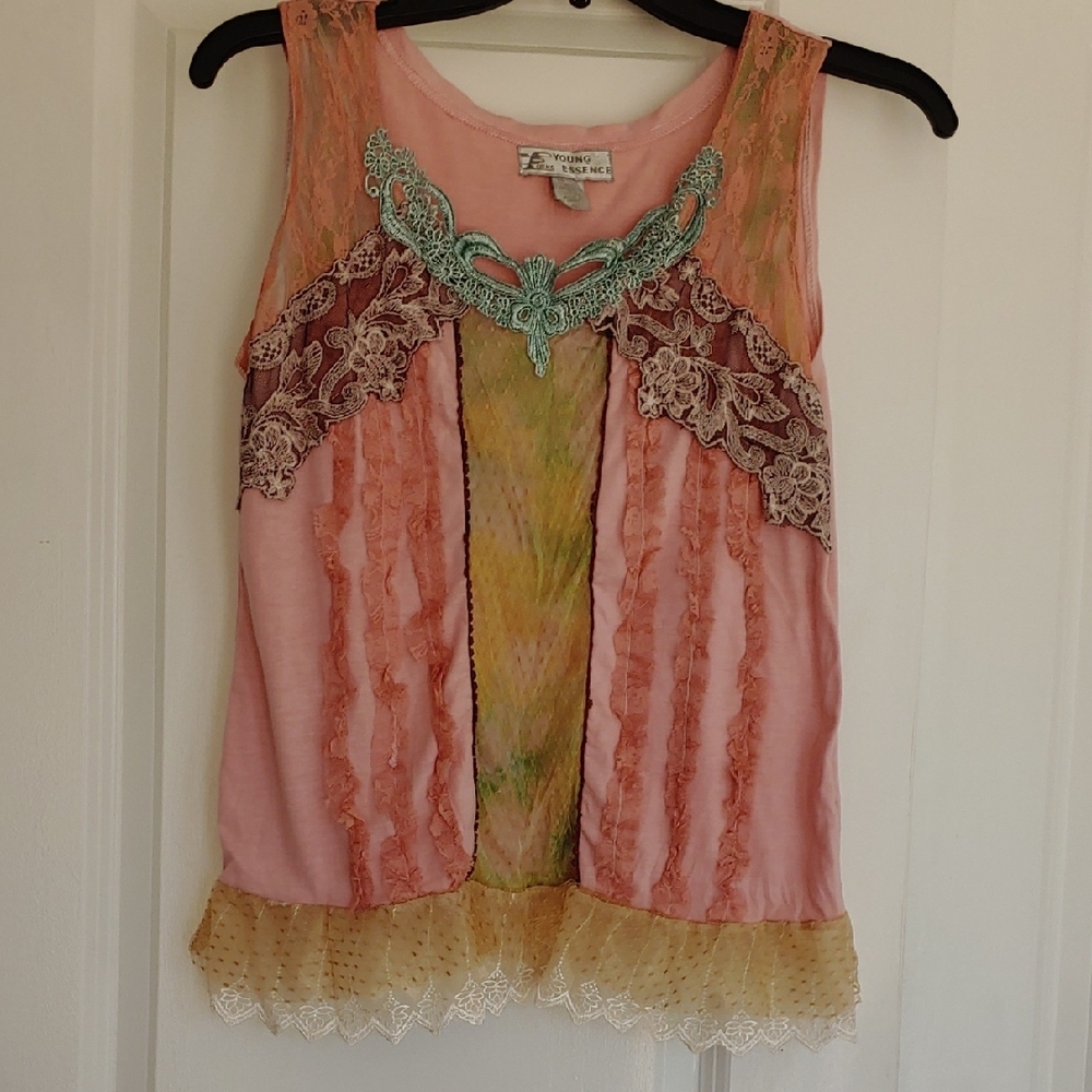 Young Essence Pink Ruffled Embellished Tank Top